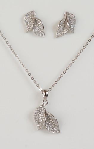 Sterling Silver/CZ Double Leaf Pendant and Chain with Stud Earrings